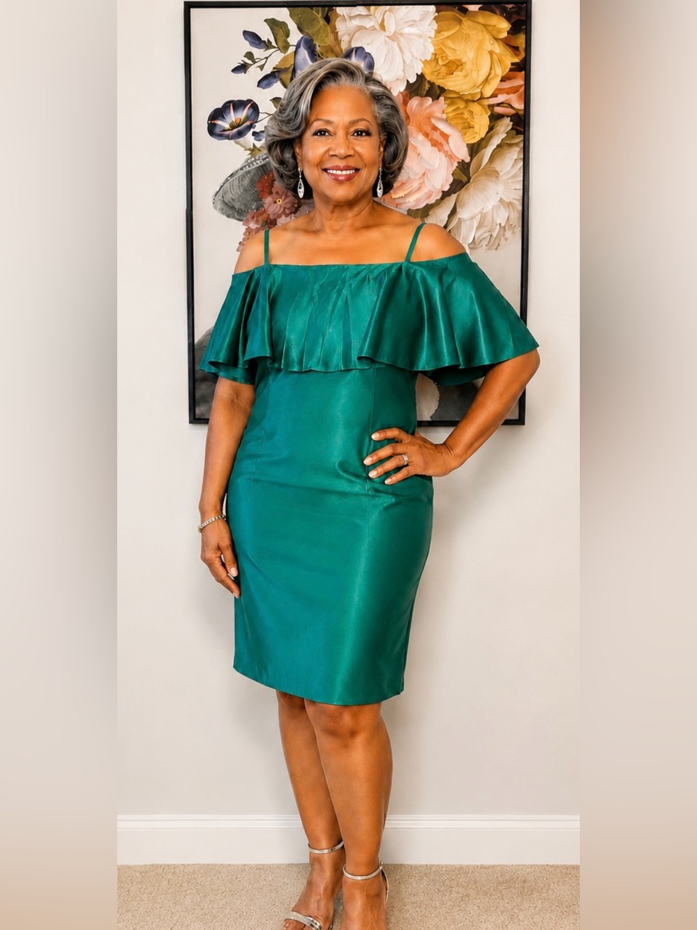 Adriana papell Elegant Emerald Off-Shoulder Ruffle Dress